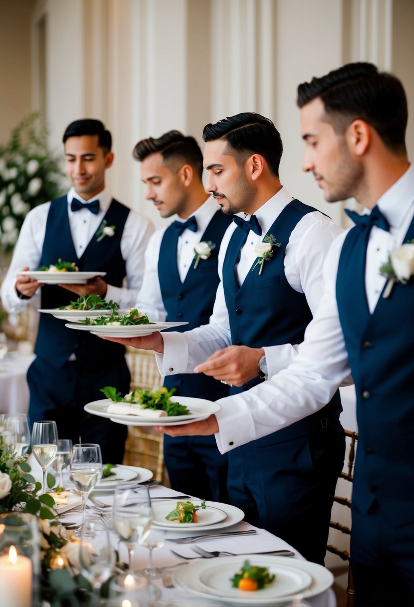 A group of waitstaff in formal attire serving guests at an elegant wedding, attending to their needs with personalized and attentive service