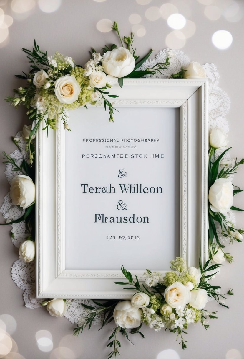 A beautiful wedding frame with space for personalized names and date, surrounded by delicate floral and lace details