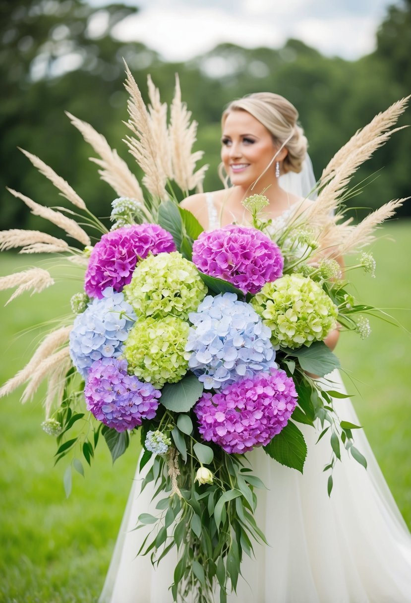 Vibrant, cascading hydrangeas and grasses in an oversized wedding bouquet