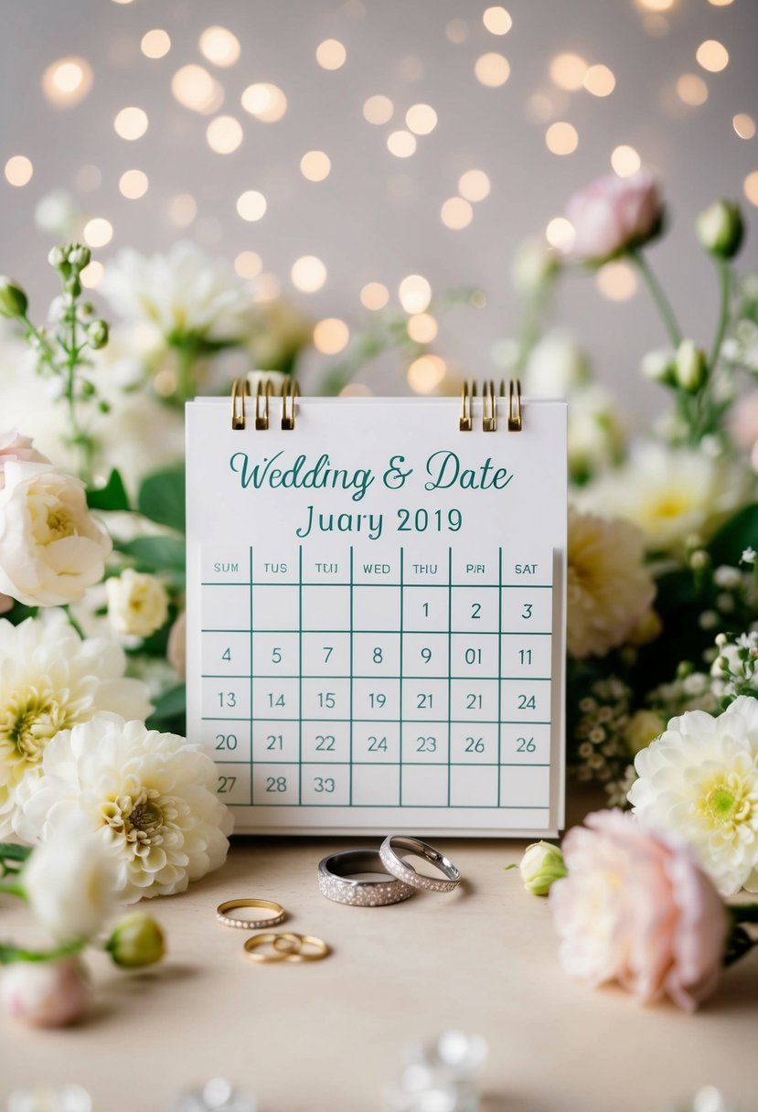 A beautifully decorated wedding date calendar surrounded by delicate flowers and elegant wedding rings