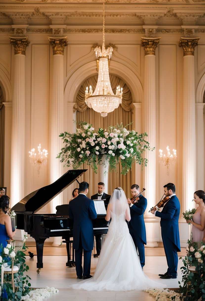 An ornate ballroom with a grand piano, floral arrangements, and soft lighting. A string quartet plays classical music as guests arrive for an elegant wedding ceremony