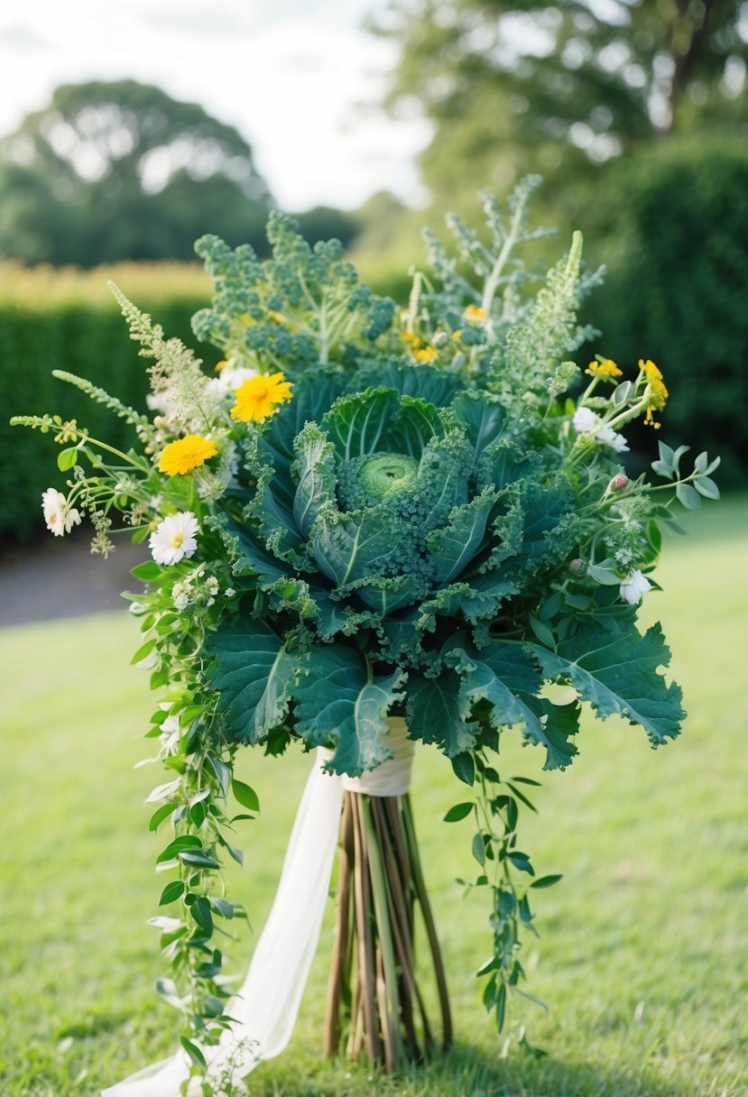 A lush, oversized wedding bouquet featuring a rustic spray of decorative kale, accented with wildflowers and trailing greenery