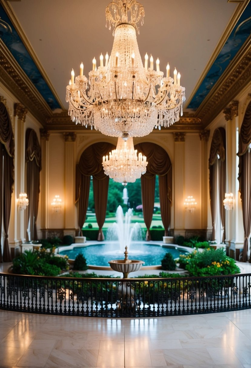 A grand chandelier-lit ballroom with ornate decor, overlooking a scenic garden with a flowing fountain