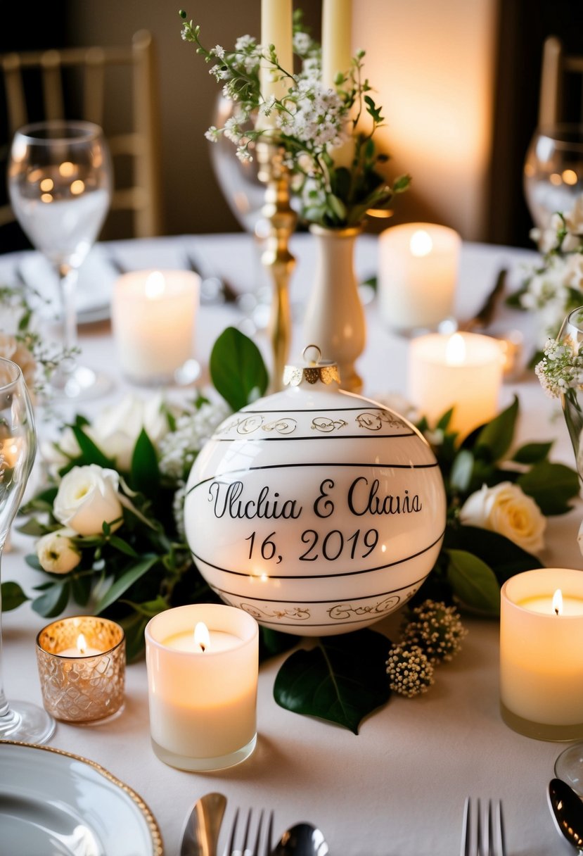 A table adorned with personalized wedding ornaments, surrounded by soft candlelight and delicate floral arrangements