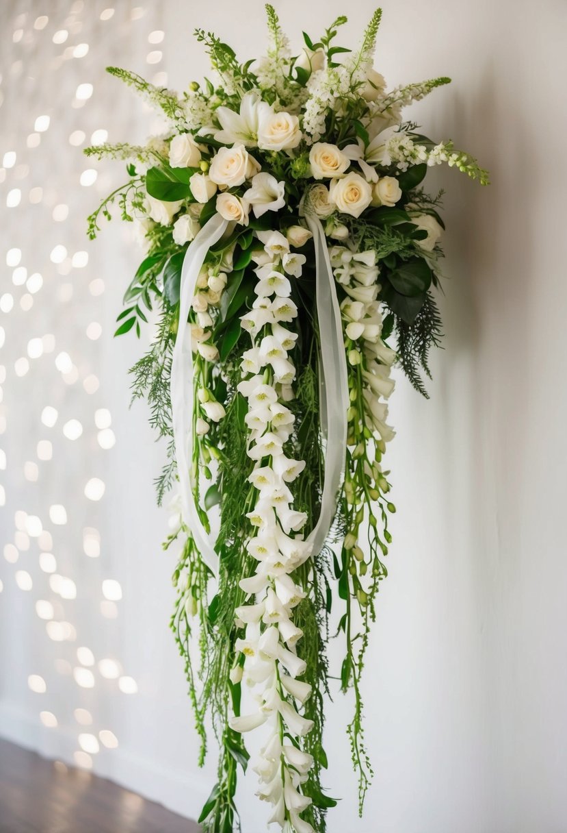 An elegant, cascading bouquet of long-stemmed Pieris blooms in varying shades of white and cream, accented with lush greenery and delicate ribbon