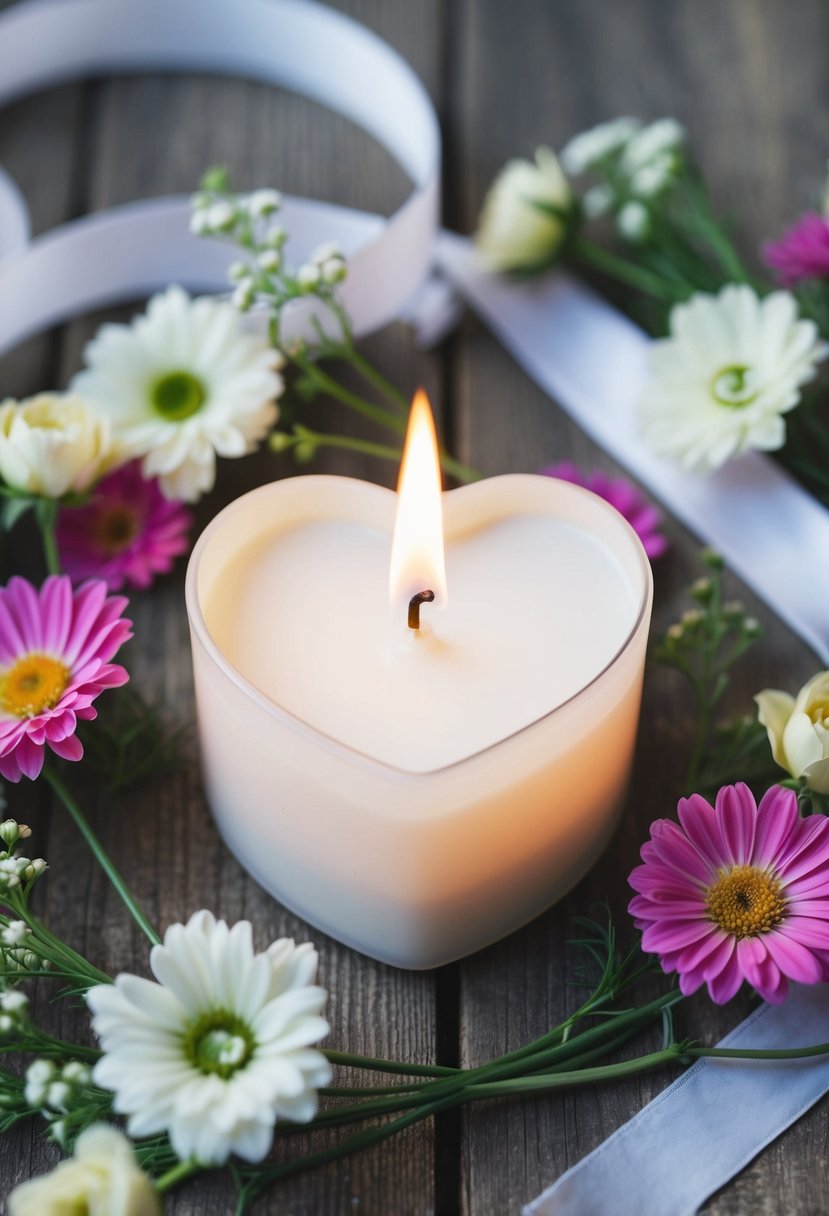 A heart-shaped candle surrounded by delicate flowers and ribbons, presented as a wedding keepsake gift idea