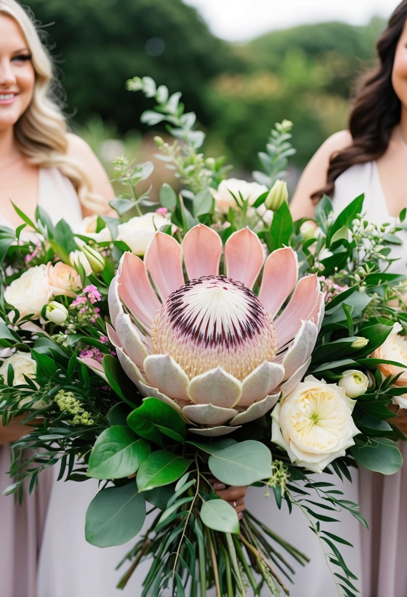 An elegant bouquet featuring oversized Blushing Bride Protea as the centerpiece, surrounded by lush greenery and other complementary flowers