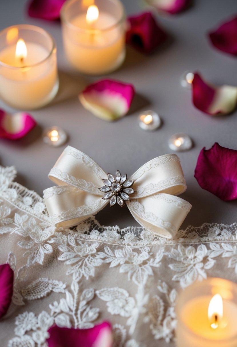 A delicate bow brooch pinned to a lace-trimmed wedding dress, surrounded by scattered rose petals and twinkling candlelight