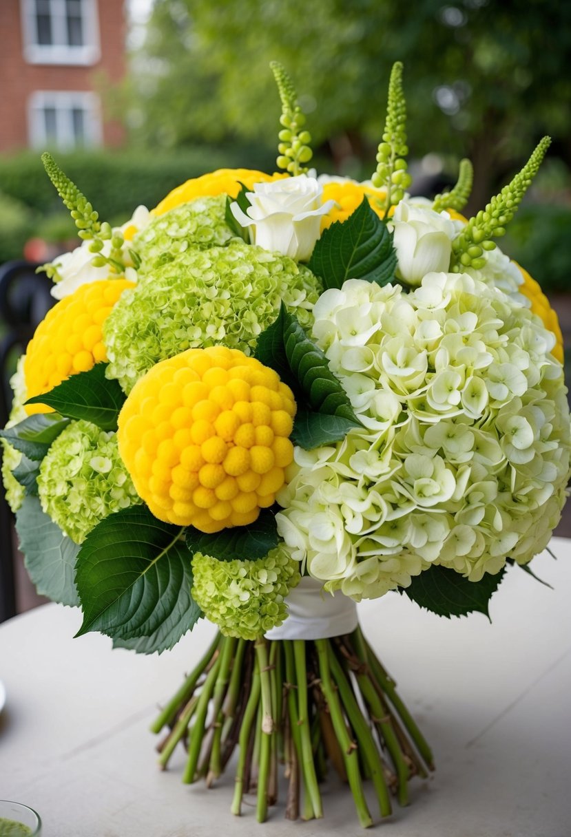 A lush, oversized wedding bouquet featuring vibrant yellow Billy Balls and lush green Hydrangeas