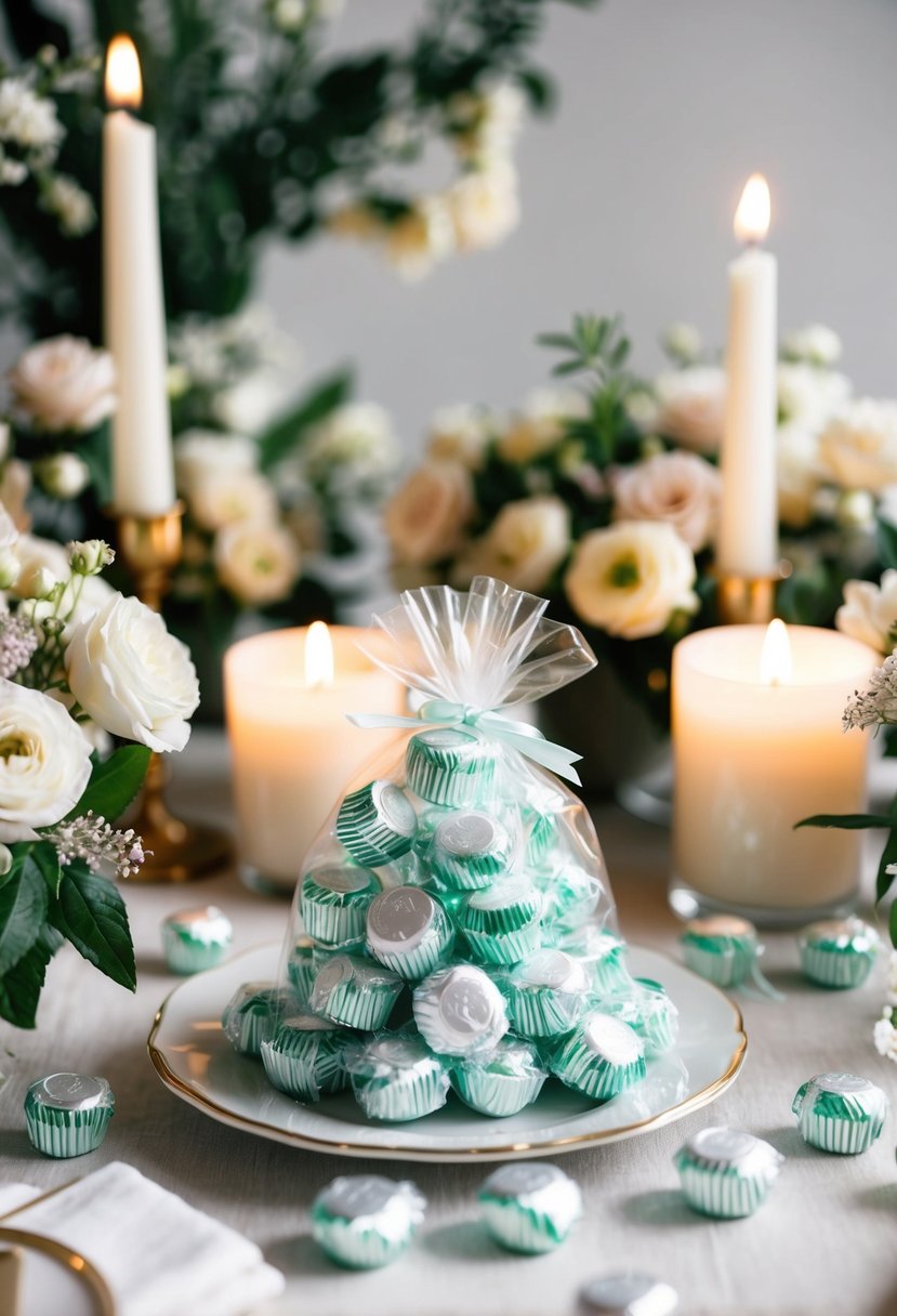 A table adorned with elegant wrapped mints, surrounded by delicate floral arrangements and soft candlelight