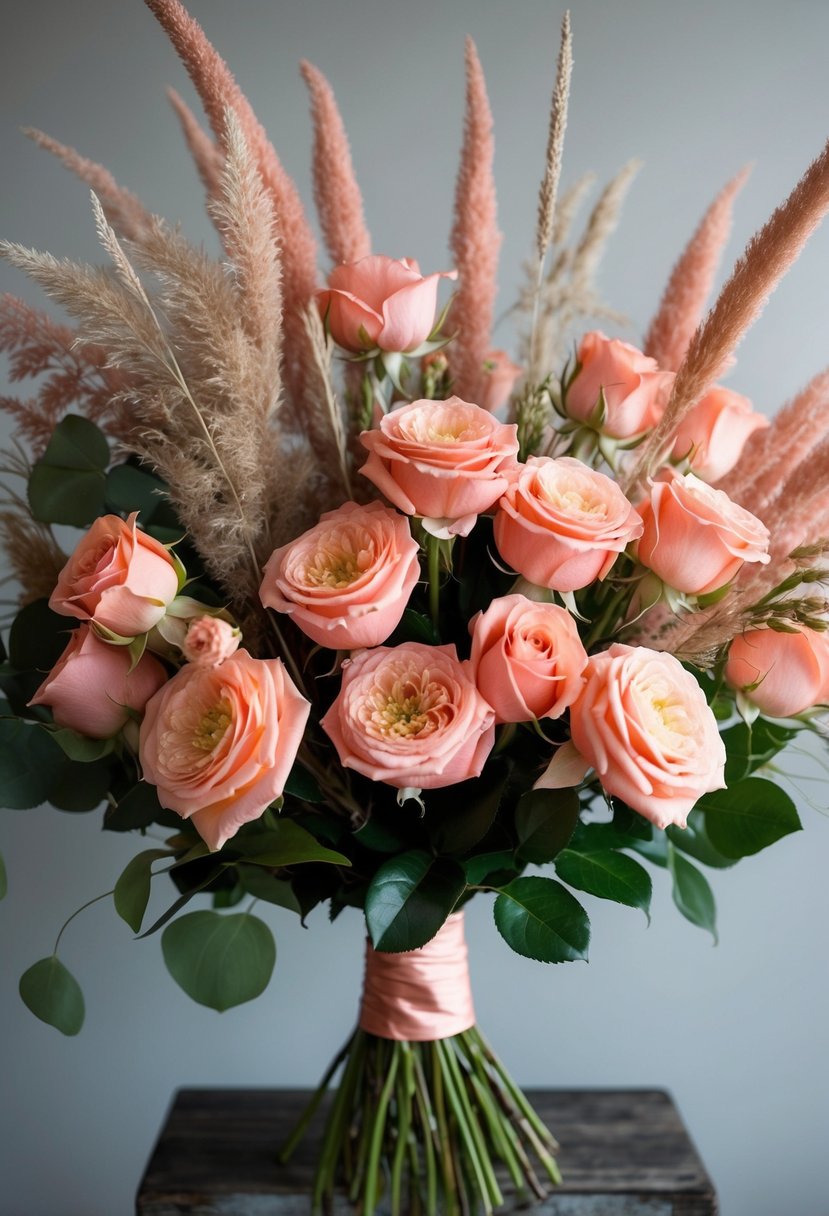 A lush bouquet of coral roses and delicate grasses, arranged in an oversized and romantic style