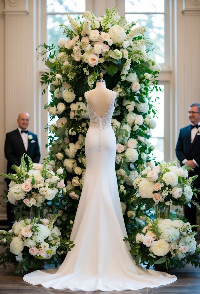 A tall column dress adorned with an elegant arrangement of oversized wedding bouquets