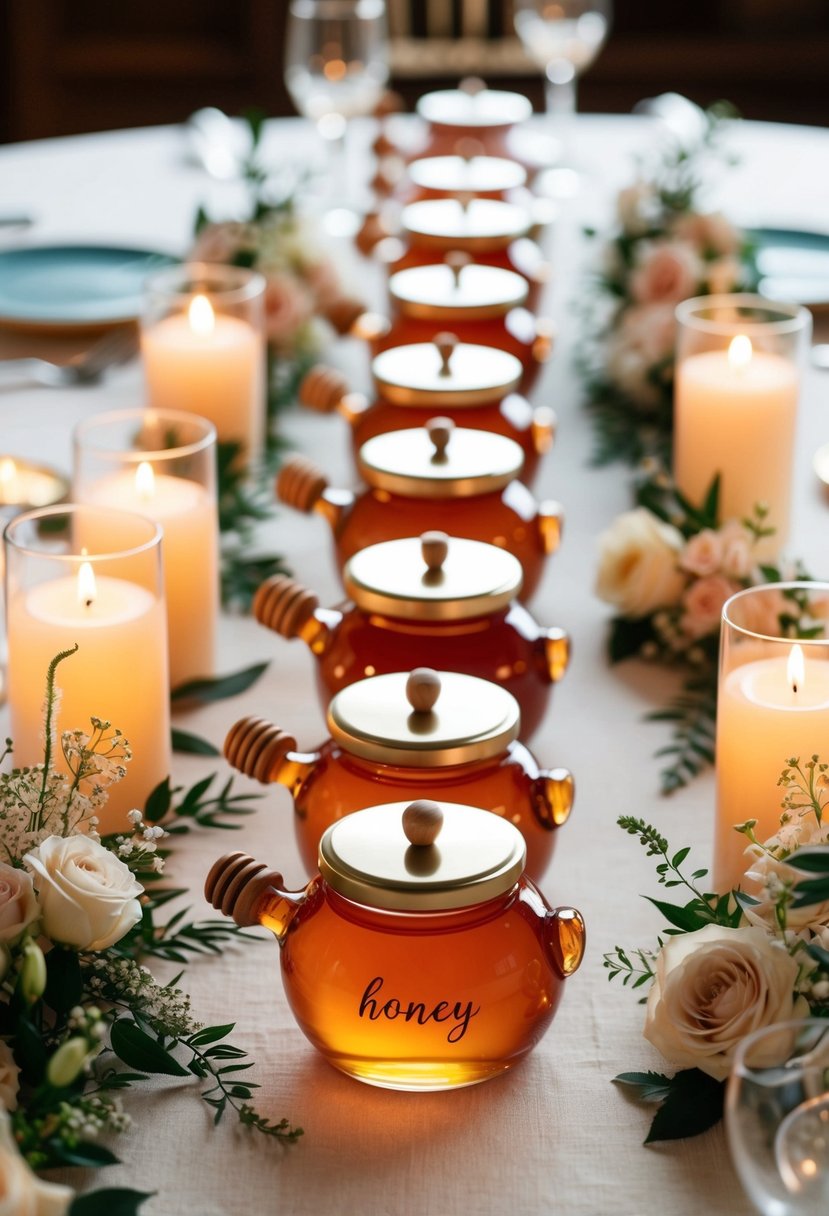 A table adorned with personalized honey pots and dippers, surrounded by delicate floral arrangements and soft candlelight