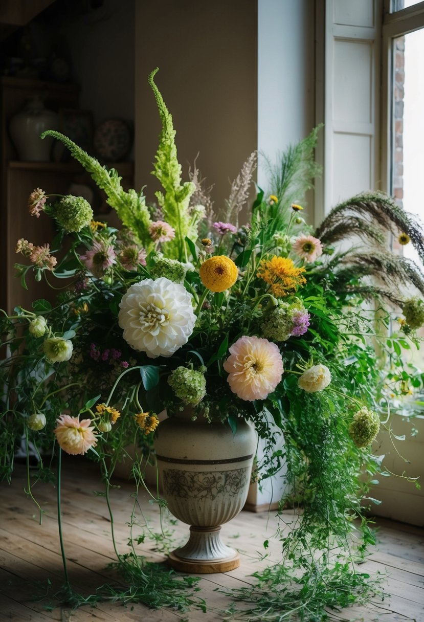 A lush, wild bouquet of oversized blooms and whimsical greenery spills out of a vintage vase, creating a free-form, overgrown look