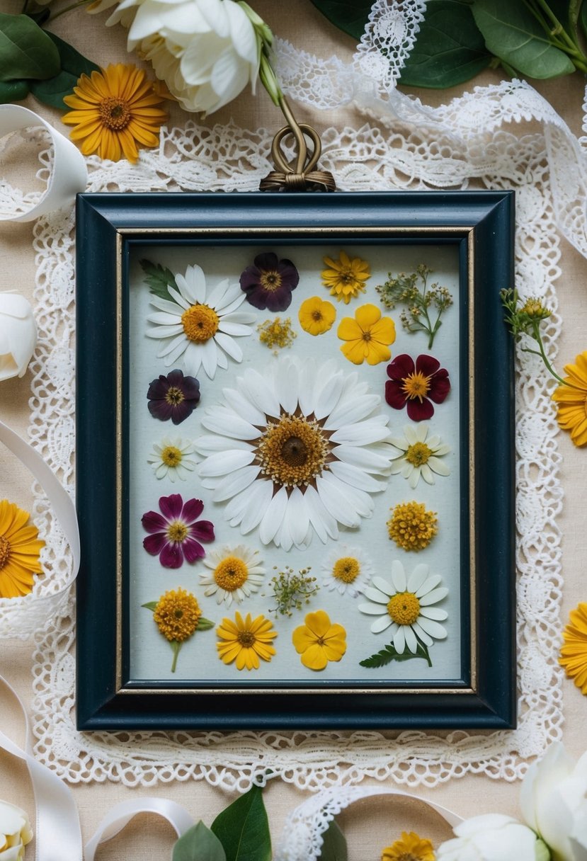 A collection of pressed flowers arranged in a decorative frame, surrounded by delicate lace and ribbon accents