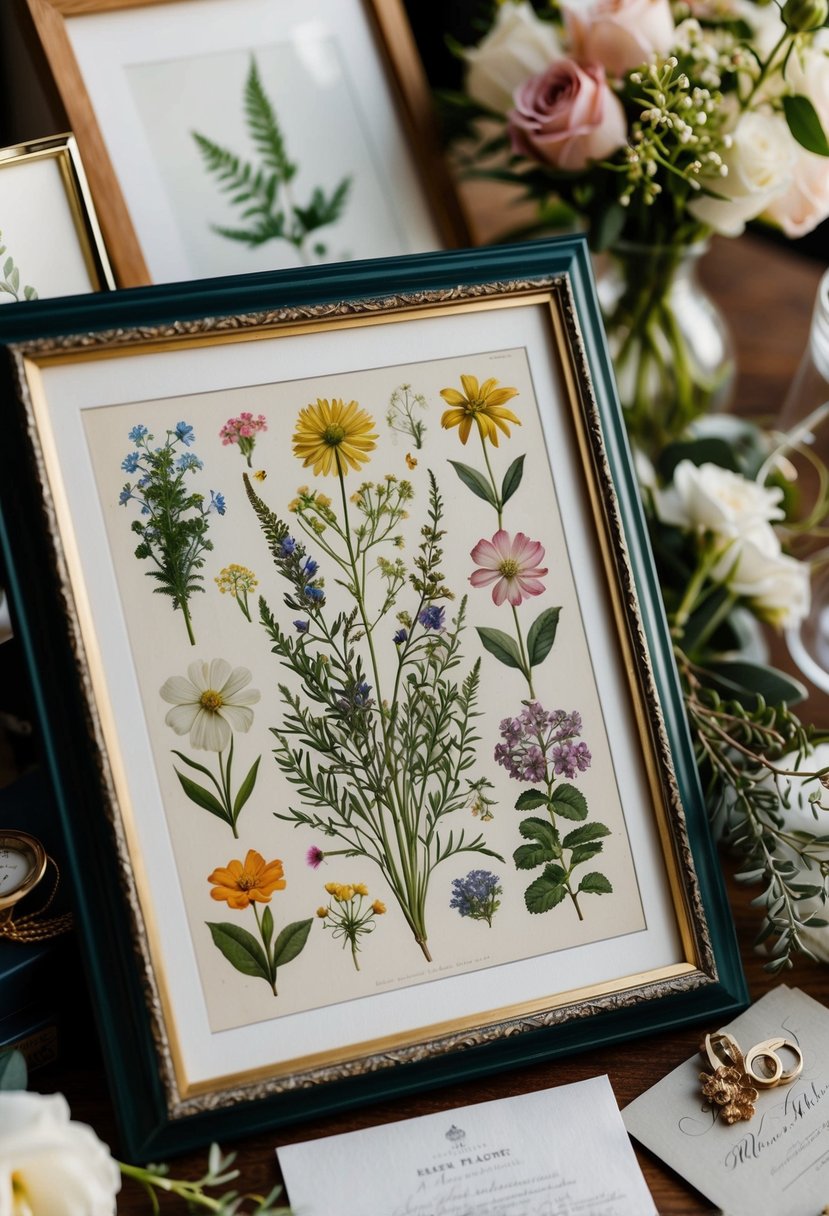 A vintage botanical print of various flowers and plants arranged in a decorative frame, surrounded by other wedding keepsakes