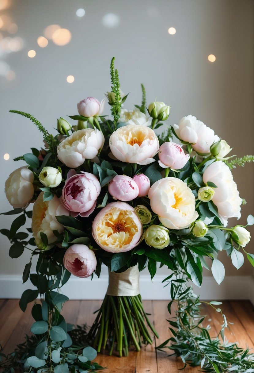 A lush bouquet of large roses and peonies, elegantly arranged with trailing greenery