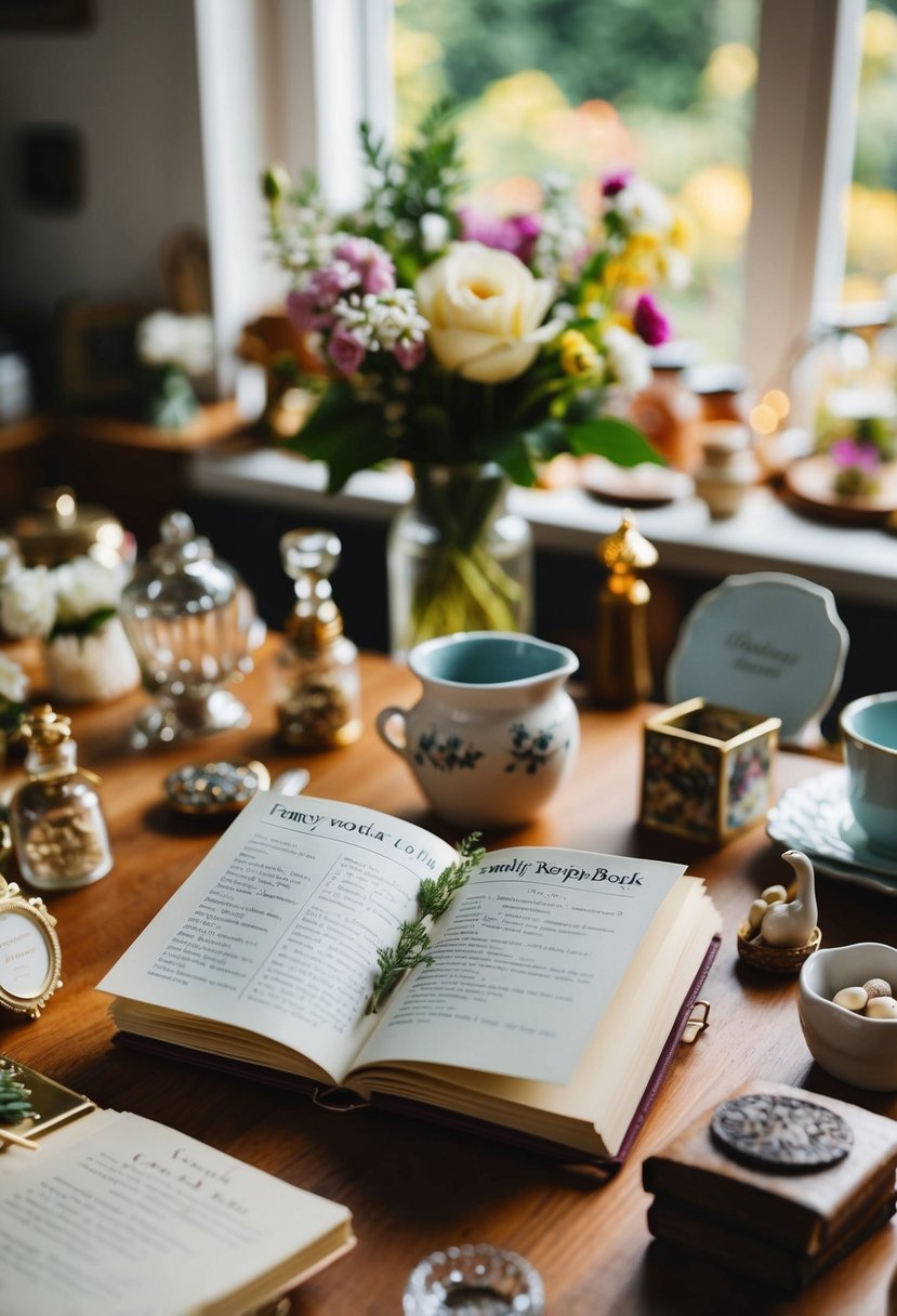 A cozy kitchen table with open miniature family recipe books, surrounded by wedding keepsakes and mementos