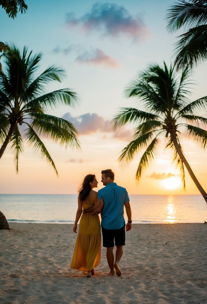 A couple strolling on a tropical beach at sunset, with palm trees, a calm ocean, and a colorful sky in the background