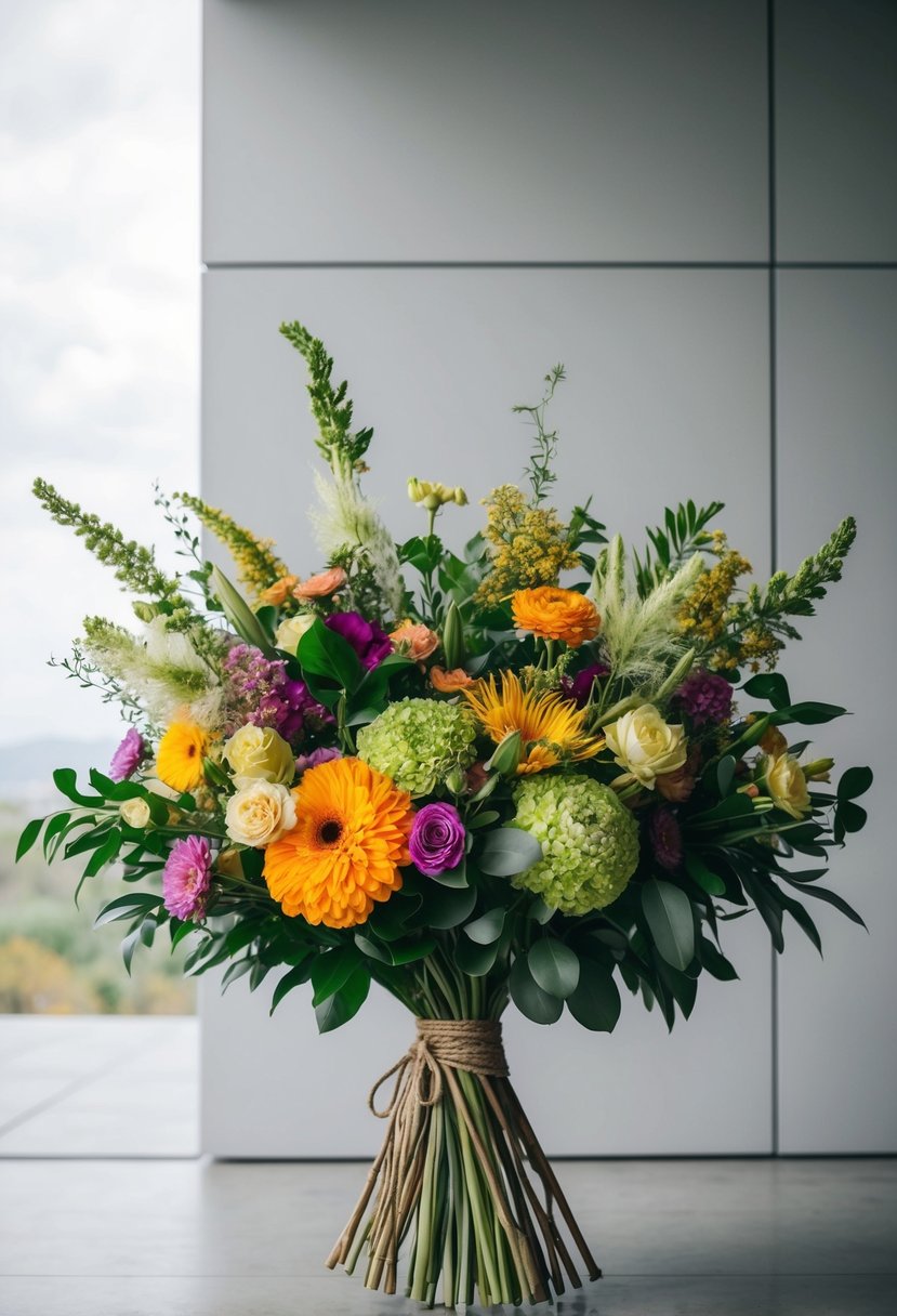 A lush, oversized bouquet of organic, colorful flowers tied with natural twine, set against a modern, minimalist background