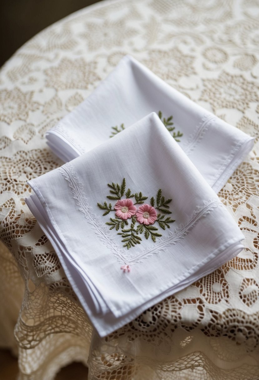 A pair of personalized handkerchiefs with intricate embroidery, laid out on a delicate lace tablecloth