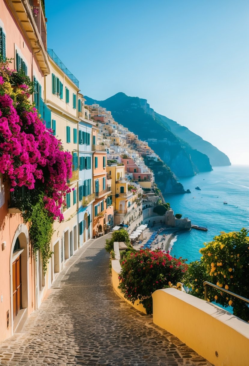 A winding cobblestone street lined with colorful buildings overlooks the sparkling blue waters of the Amalfi Coast. Bougainvillea cascades down from balconies, and the scent of lemon trees fills the air