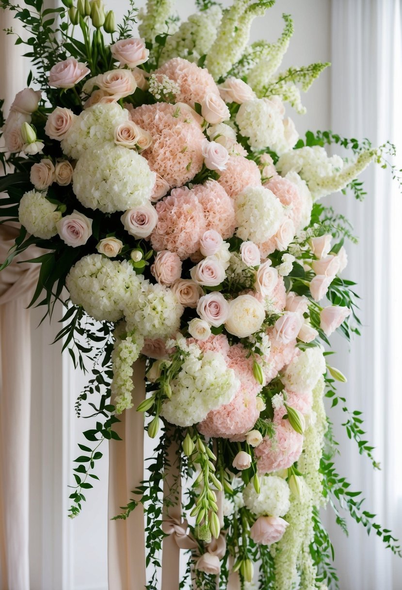 A voluminous bouquet of pale pink and white flowers cascading from a delicate arrangement, accented with greenery and ribbons