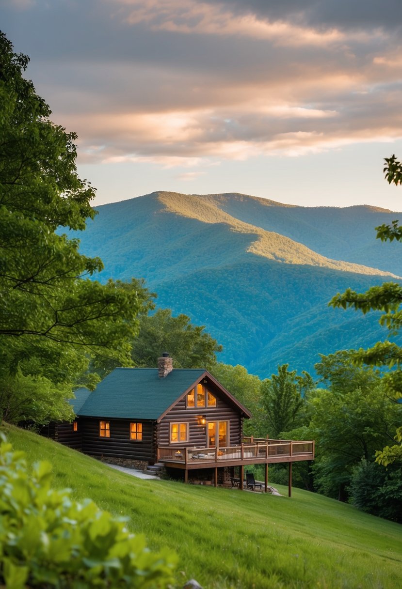 A cozy cabin nestled in the Blue Ridge Mountains, surrounded by lush greenery and a serene atmosphere