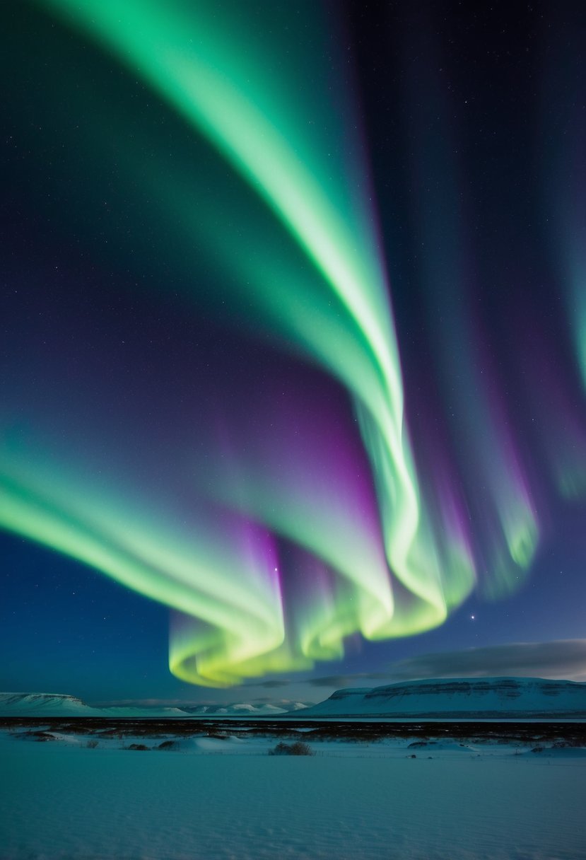 Vibrant green and purple ribbons dance across the dark sky, illuminating the snowy landscape below. The Northern Lights create a mesmerizing display, casting an otherworldly glow over the Icelandic wilderness