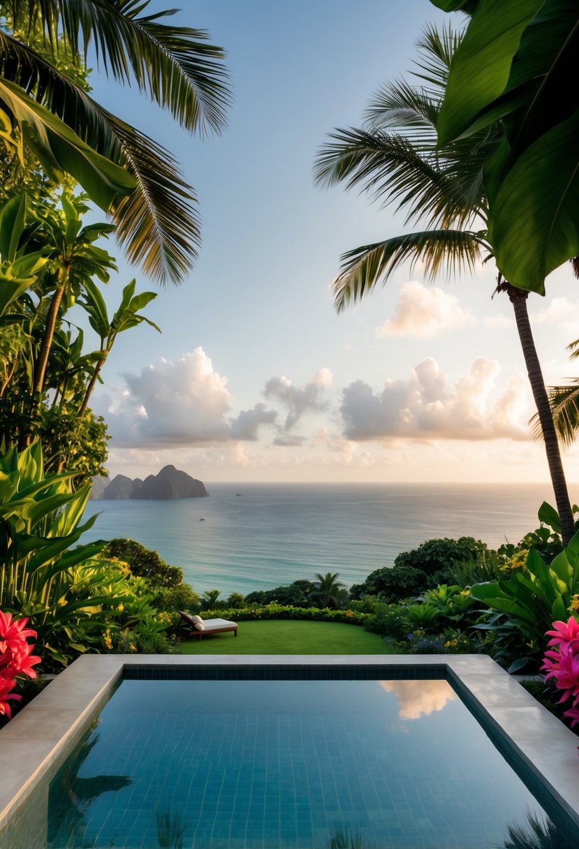 Lush tropical landscape with a serene infinity pool overlooking the ocean, surrounded by lush greenery and exotic flowers