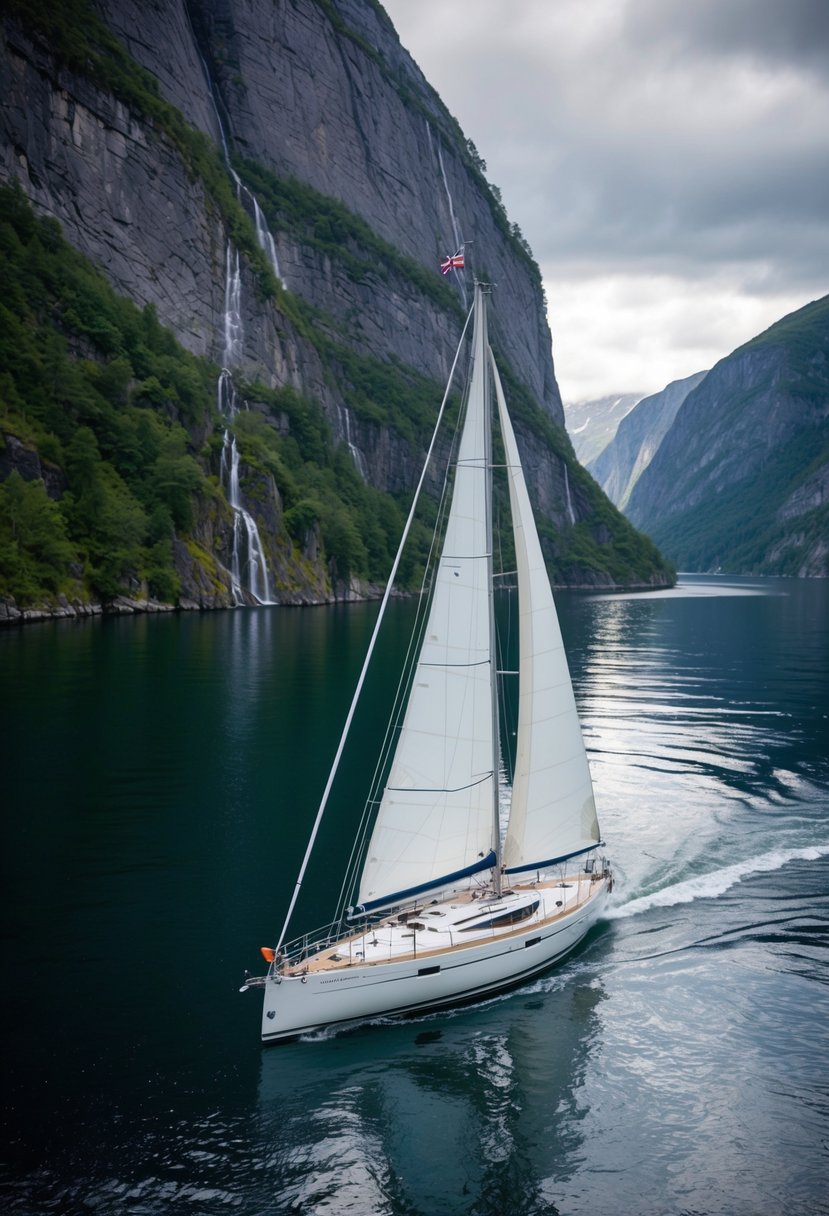 A sailboat glides through the narrow fjords of Norway, surrounded by towering cliffs and lush greenery. The water is calm and reflective, creating a serene and picturesque scene