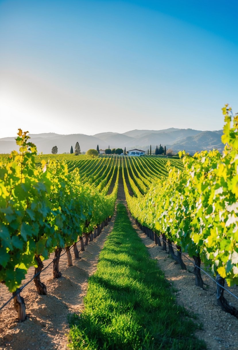 Rolling hills of grapevines in Napa Valley, California. A clear blue sky and warm sunlight illuminate the lush green vines. A winery and mountains in the distance