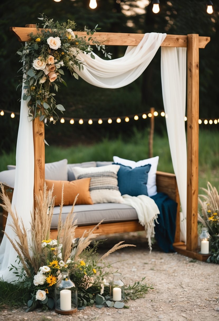 A rustic outdoor wedding with string lights, wildflower centerpieces, and a wooden arch adorned with flowing fabric. A cozy seating area with blankets and pillows