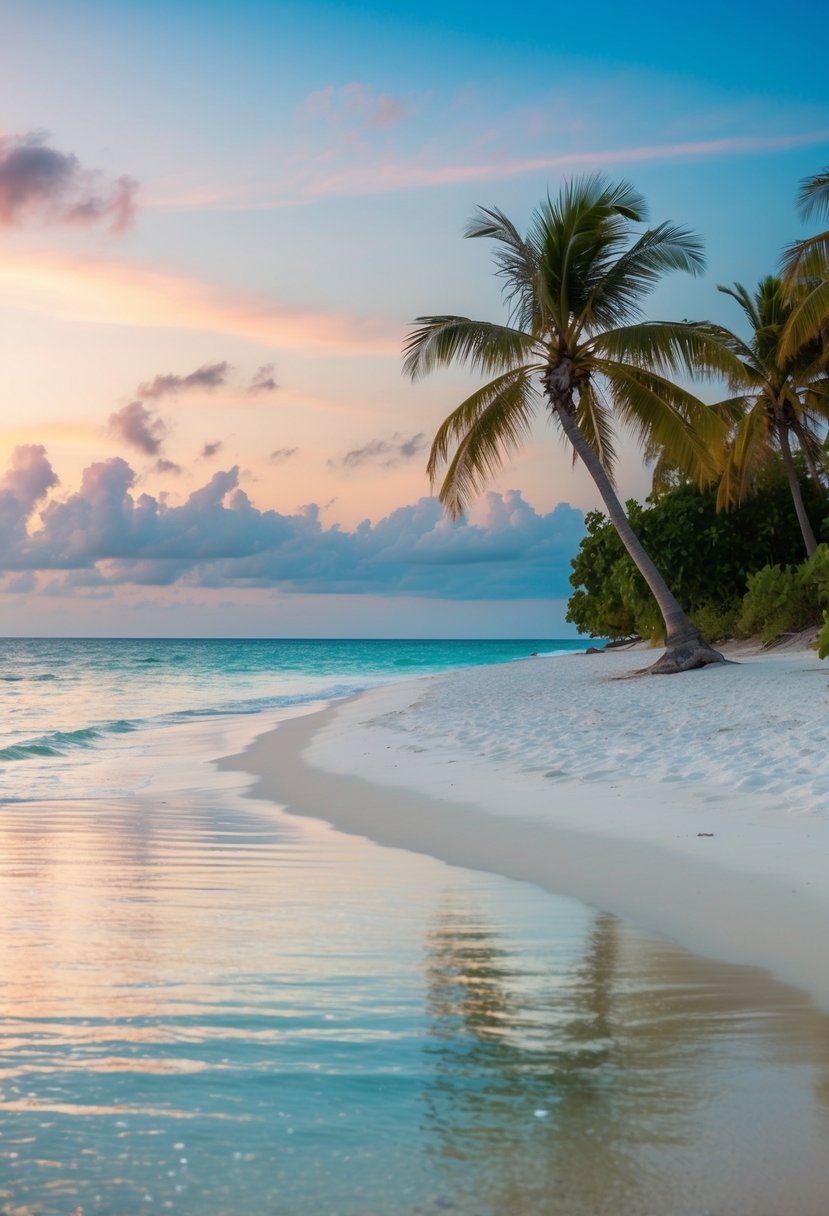 A tranquil beach with crystal-clear water, palm trees, and white sand. A colorful sunset paints the sky, creating a serene atmosphere for relaxation