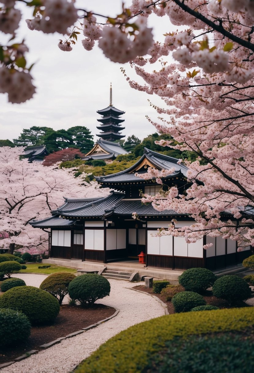 A traditional Japanese tea house nestled among cherry blossoms in Kyoto, with a serene garden and a view of ancient temples