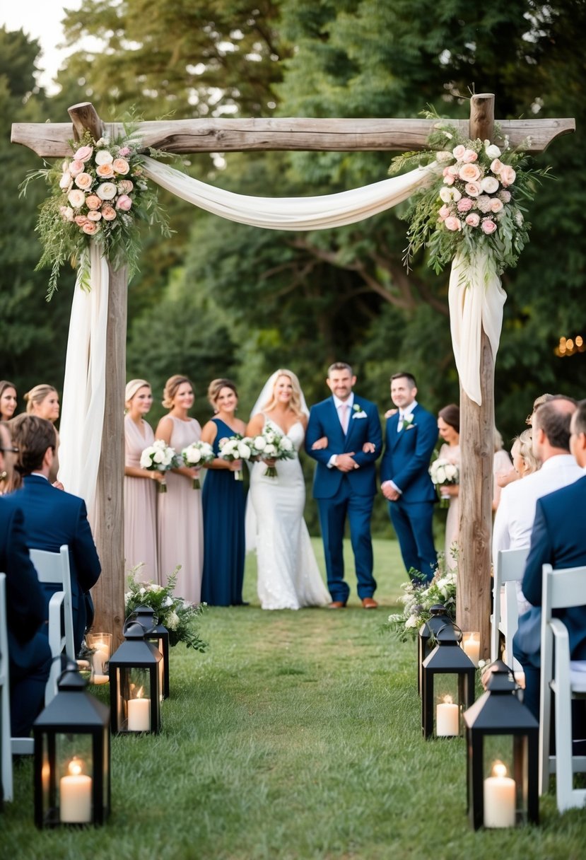 A rustic wooden arch adorned with flowers and draped with fabric welcomes guests to an outdoor wedding ceremony. Lanterns line the pathway, creating a warm and inviting atmosphere