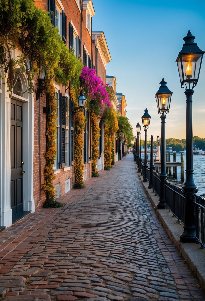 A cobblestone street lined with historic buildings, draped in colorful vines, and adorned with gas lanterns, leading to a charming waterfront in Charleston, South Carolina