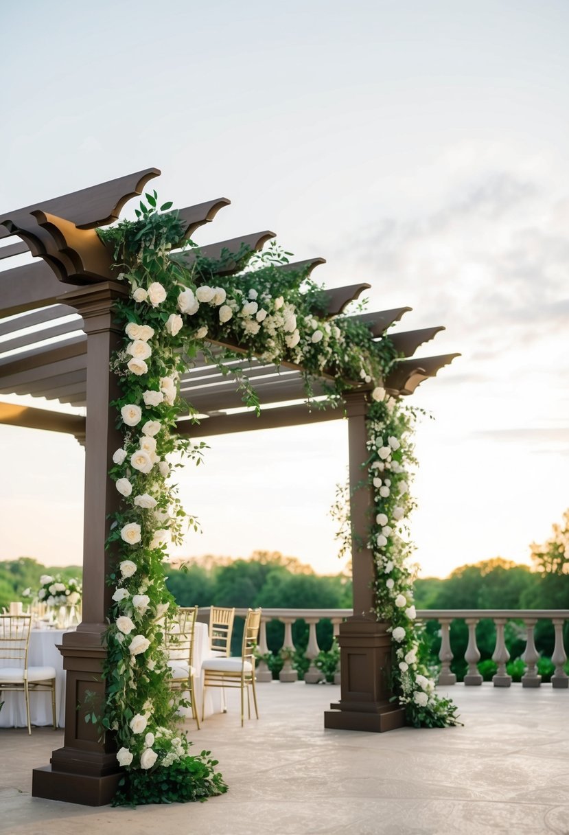 A pergola adorned with lush greenery for an elegant outdoor wedding setting