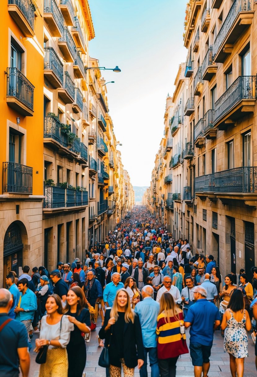 Colorful streets lined with historic buildings, bustling with people and filled with the sound of music and laughter. A warm sun shines down on the lively scene, capturing the essence of Barcelona's cultural vibrancy