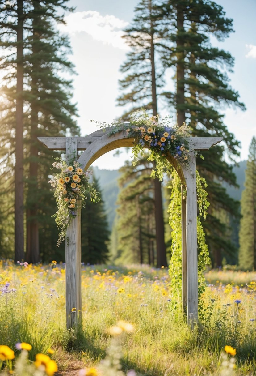 A weathered wooden arch adorned with wildflowers stands in a sun-dappled clearing, surrounded by towering pine trees and dappled with golden sunlight