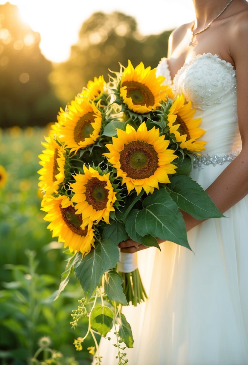 A vibrant cascade of sunflowers in a wedding bouquet, bathed in golden sunlight