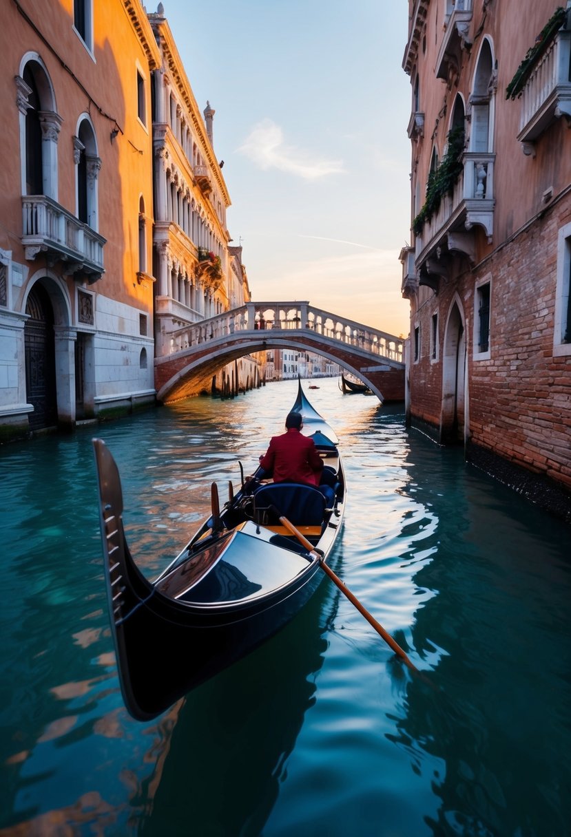 A gondola glides through Venetian canals at sunset, passing under ornate bridges and ancient buildings