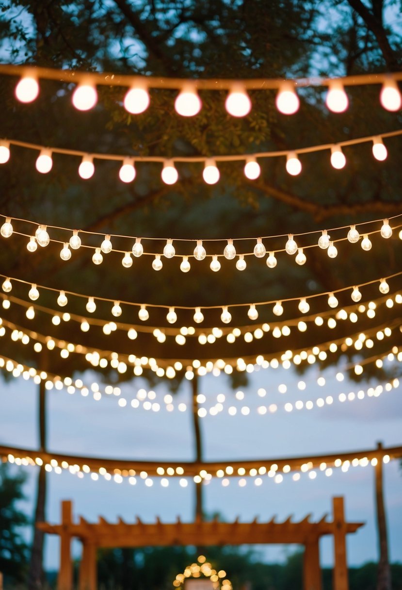 Twinkling lights hang above an outdoor wedding setting, creating a magical and romantic ambiance