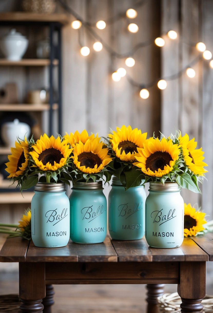 A wooden table with mason jars filled with sunflowers, surrounded by rustic decor