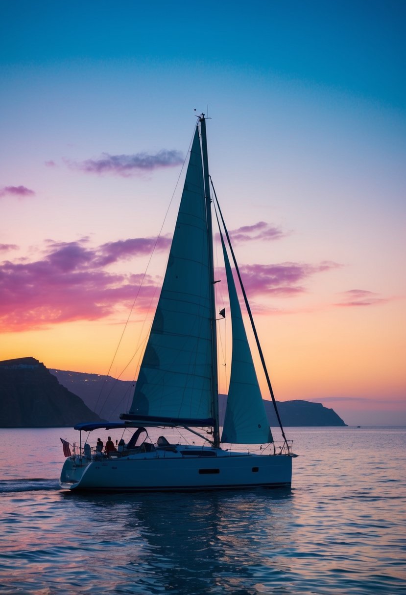 A sailboat glides across the calm waters of the Aegean Sea, silhouetted against the vibrant hues of a sunset over the iconic cliffs of Santorini