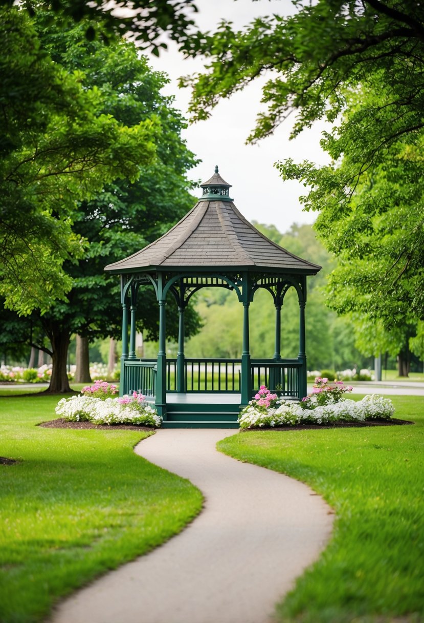 A serene park setting with a picturesque gazebo surrounded by lush greenery, blooming flowers, and a winding path, creating a perfect backdrop for an affordable outdoor wedding ceremony