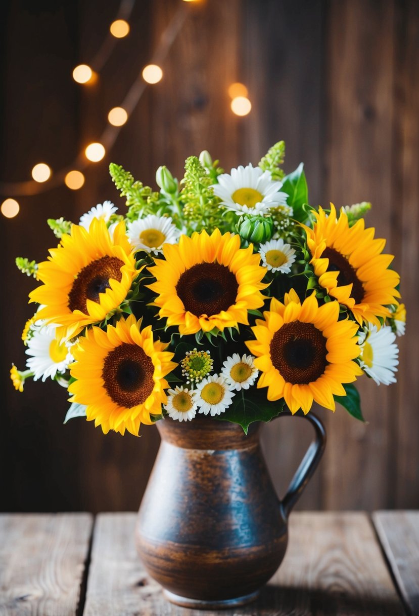 A vibrant bouquet of sunflowers and daisies arranged in a rustic vase