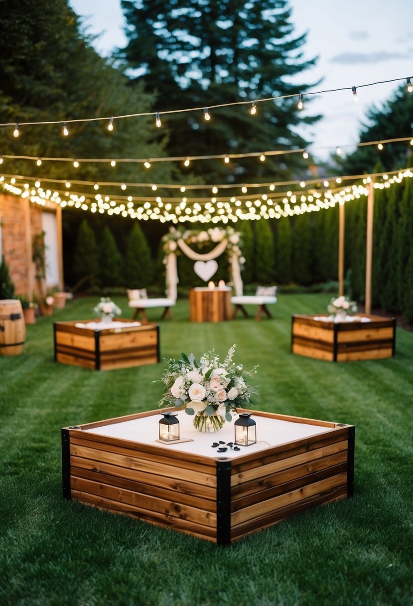 A backyard wedding with customized lawn games, surrounded by fairy lights and floral decor