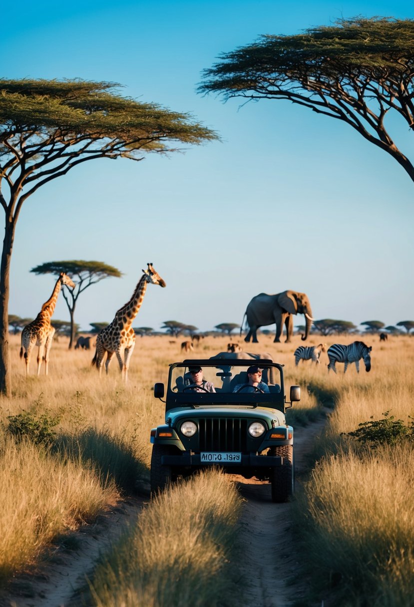 A jeep drives through the savanna, surrounded by tall grass and acacia trees. Giraffes, elephants, and zebras roam in the distance under a bright blue sky