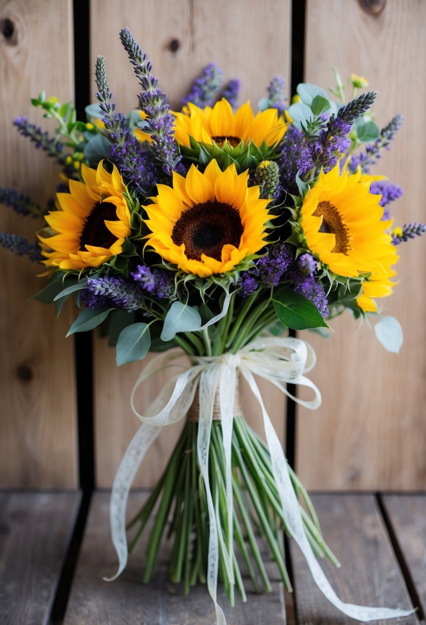 A vibrant bouquet of sunflowers and lavender, arranged in a rustic, hand-tied style with trailing greenery and delicate ribbon accents